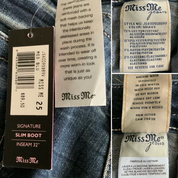 Miss Me Signature Distressed Flap Pocket Slim Boot Jeans Blue 25 - Picture 9 of 11